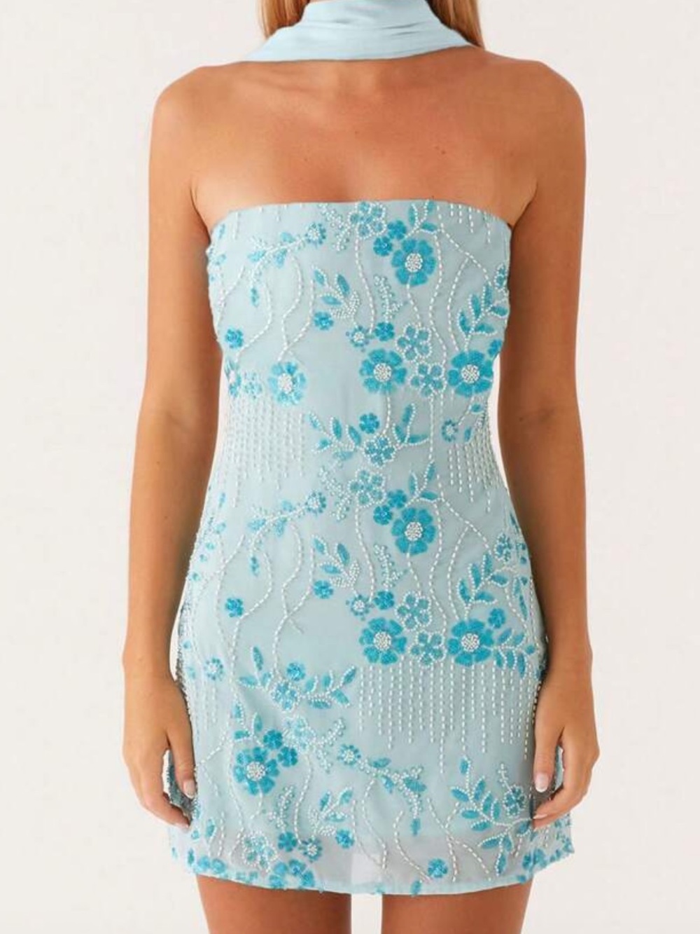 Strapless Embroidered Mini Dress in Light Blue